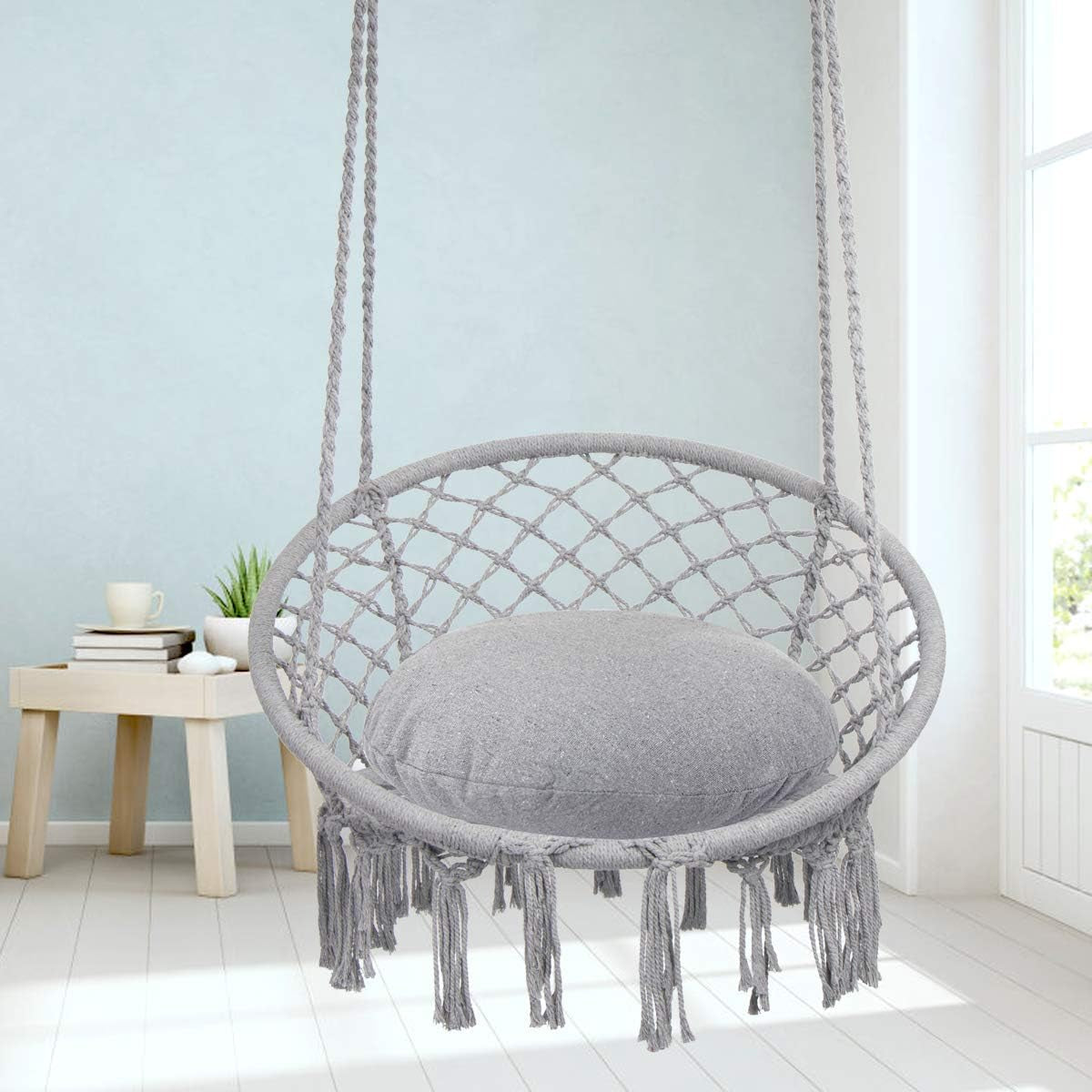 Y- STOP Hammock Chair Macrame Swing, Max 330 Lbs, Hanging Cotton Rope Hammock Swing Chair for Indoor and Outdoor Use, Light Grey