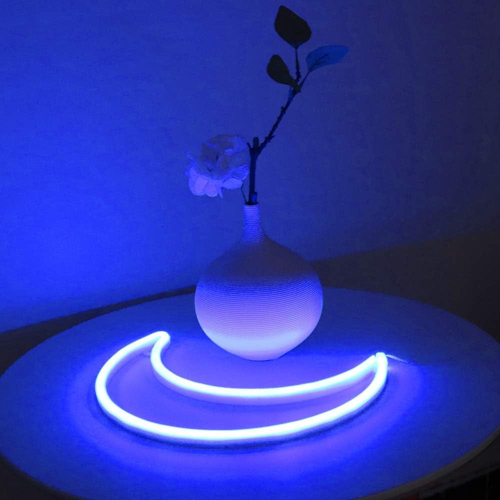 YAOZHOU LED Blue Moon Neon Light, Cute Neon Moon Sign,Christmas Room Decor Battery or USB Powered 5V Art LED Decorative Lights Night Lights Indoor for Home, Bedroom, Office,Dorm,Party (Blue Moon)