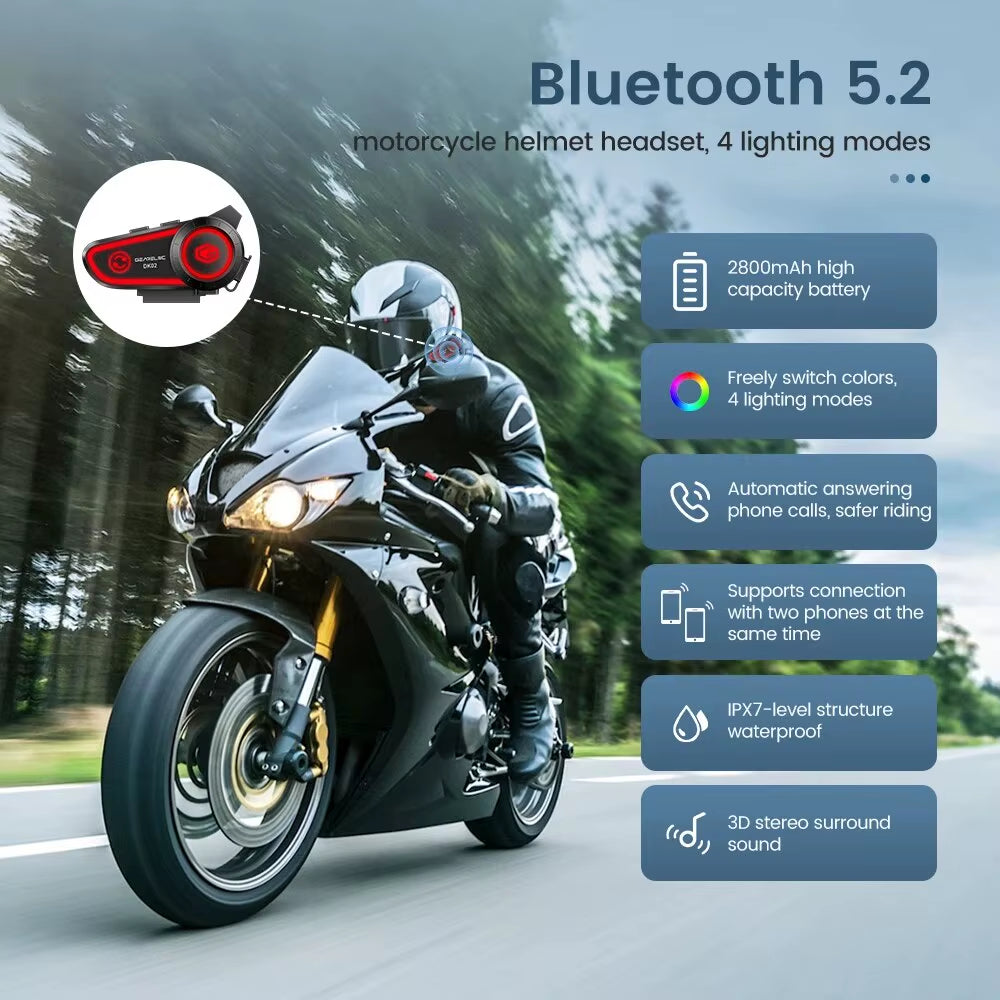 DK02 Motorcycle Helmet Headset Stereo Bluetooth Hands Free Call IPX7 Waterproof 2800Mah with Tri-Color Ambient Light